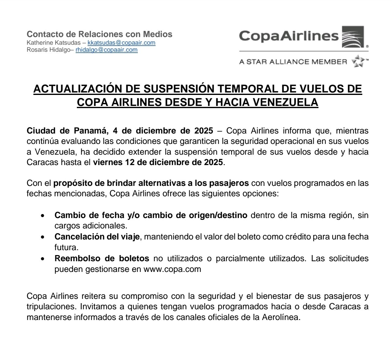 Copa Airlines extiende suspensión de vuelos entre Panamá y Caracas hasta el 12 de diciembre